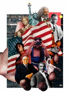 collage of black historical figures in the palm of someones hand with American flag