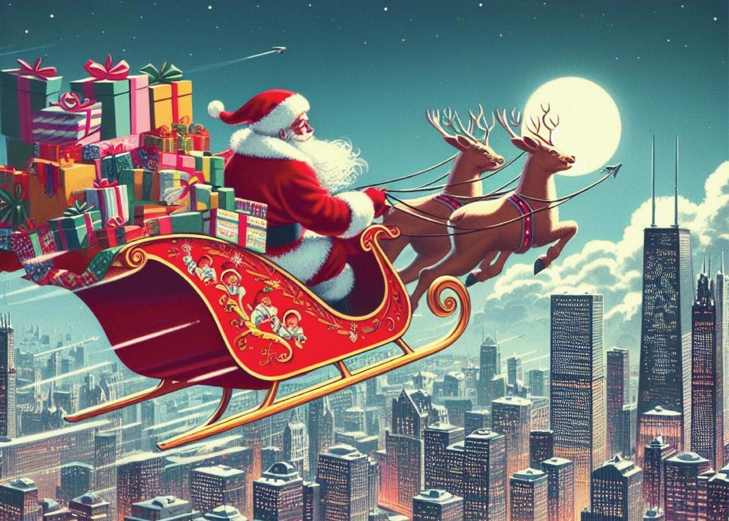 drawing of santa flying over chicago